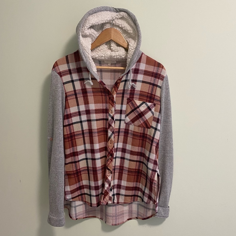 Stella Tweed burgundy/gray striped button up cotton hoodie Size Medium